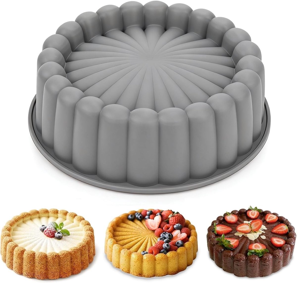 Ronde Siliconen Bakvorm 10 inch voor Laagjescake en Cheesecake, Bloemvormig, Grijs, Diameter 26 cm, Duurzaam en Antiaanbakmateriaal