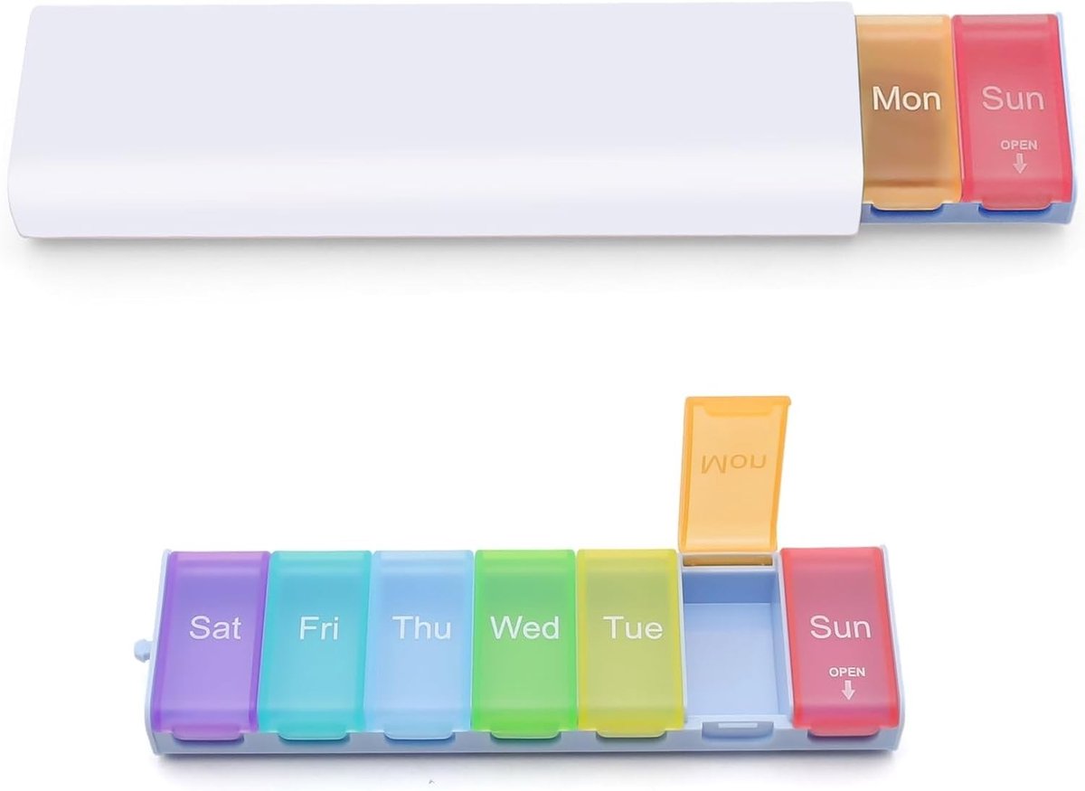 Pillendoos voor 7 dagen met gekleurde vakken, compacte medicijndoos voor thuis en op reis, handige pillenorganizer