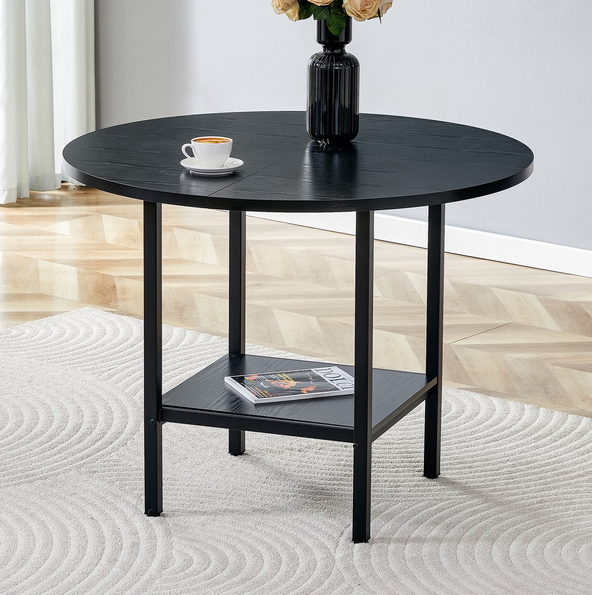 FloraGrace Eettafel Rond Met Opbergrek Zwart Houtnerf En Mat Zwart Metaal Voor 4 Tot 6 Personen 100 X 100 X 77 Cm