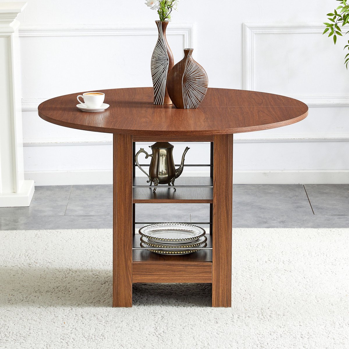 FloraGrace Eettafel - Ronde Tafel Met Open Opbergvakken - Walnootkleurig MDF - Voor Woonkamer Keuken En Eetkamer - 100 Cm - 76 Cm Hoog