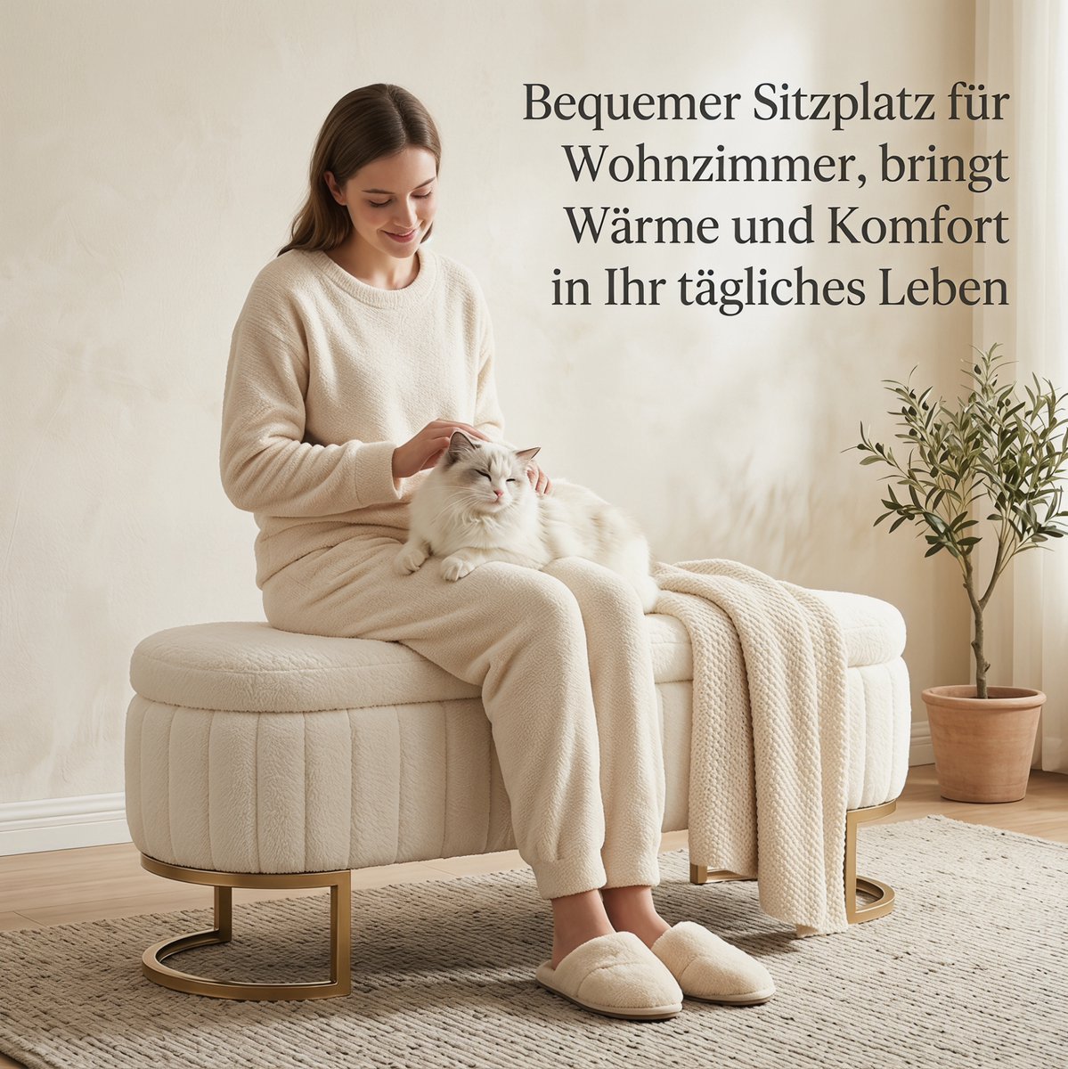 MIVRAY Bedbank 129,5 Cm - Met Opbergruimte En Verticale Stiksels - Voor Slaapkamer Hal En Woonkamer - Fluweel Crème