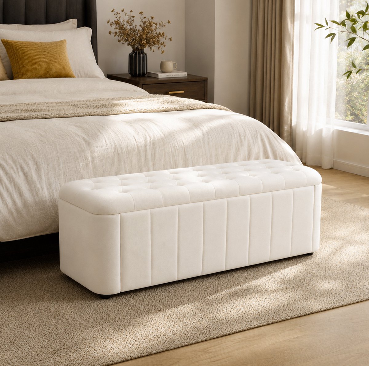MIVRAY Bankje 132 cm - Opbergbank Met Gecapitonneerde Zitting en Afgeronde Hoeken - Voor Slaapkamer en Hal - Velours Beige