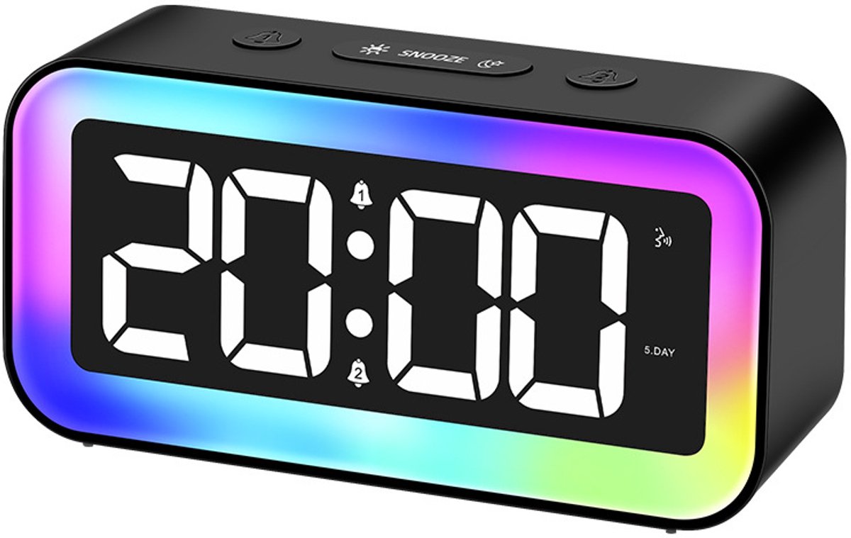 Digitale wekker met nachtlampje voor de slaapkamer - LED wekker met 8 RGB lichtmodi en 7 RGB display - Dubbel alarm - Wekker voor kinderen en volwassenen - 120dB extra luid
