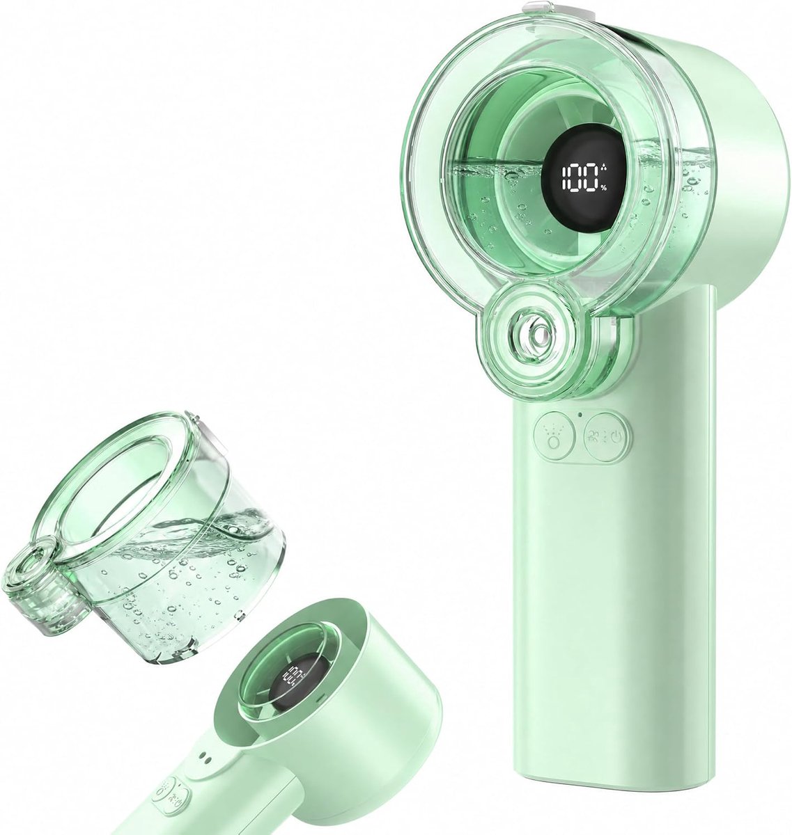 2-in-1 handventilator met sproeifunctie - Draagbaar - Oplaadbaar - Ventilator met 5 snelheden en LED-display - Persoonlijk - Mini - Koelventilator - Verwijderbaar waterreservoir - Geschikt voor de zomer (mannen/vrouwen) - Groen-1 stuk