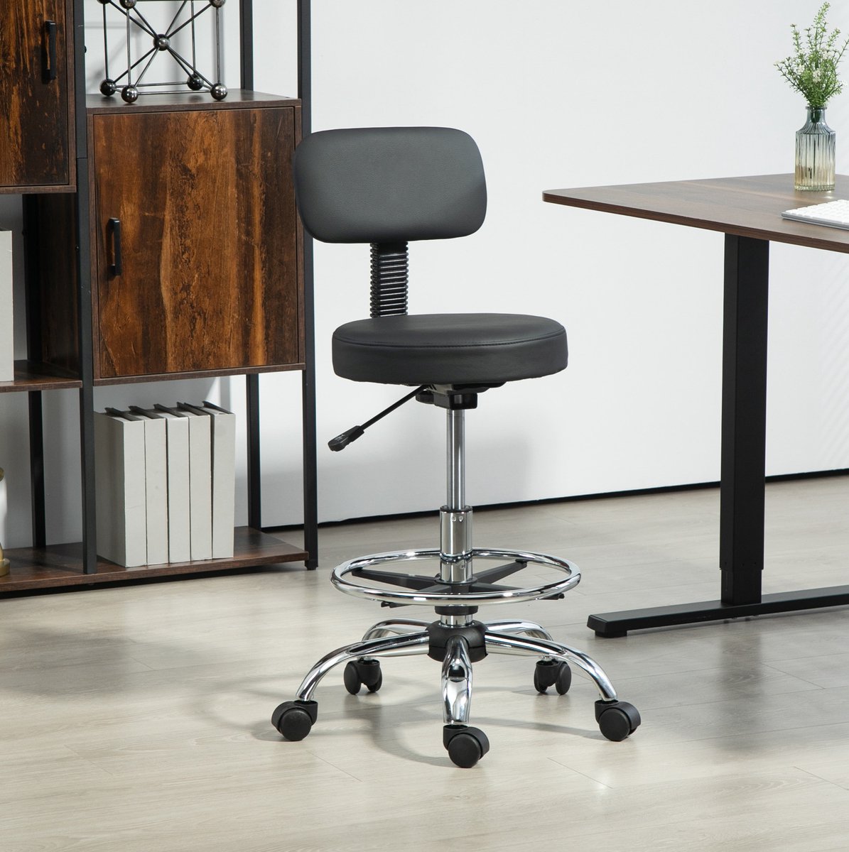 DESMIU Bureaustoel 52 x 52 x 78-92 Cm - Ergonomisch En Hoogteverstelbaar Met Voetring - Draaibaar Voor Bureau En Werkkamer - Kunstleer Zwart