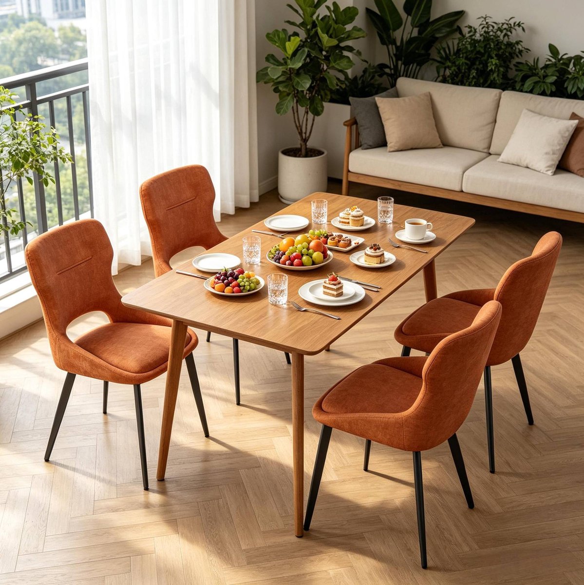 OKWISH Eetkamerstoel 43 X 40 X 86 Cm - Set Van 4 Met Armleuningen En Gewatteerde Chenille Zitting - Voor Eetkamer Of Woonkamer - Oranje
