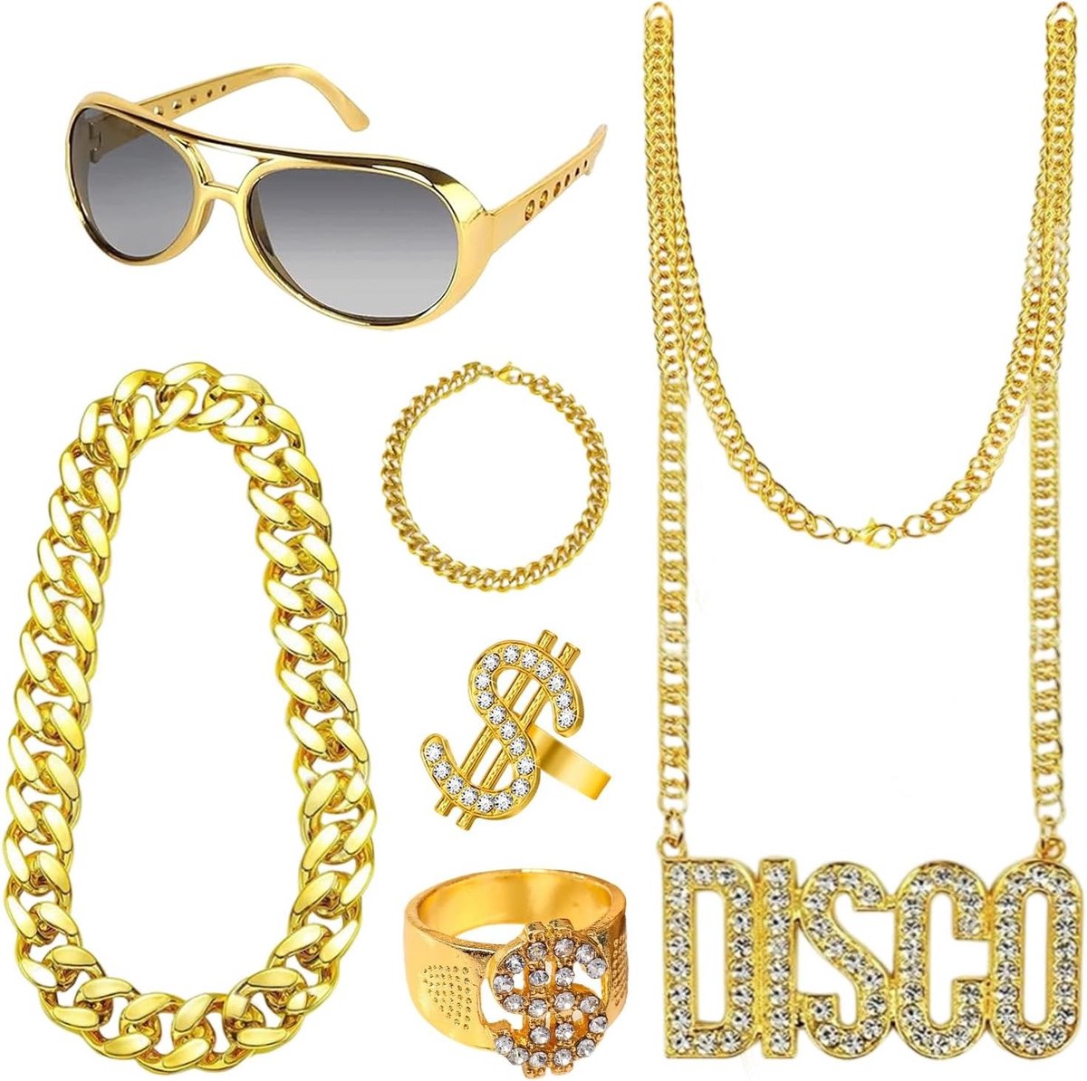 Gouden Ketting Set met Dollar Sign Ring, Retro Zonnebril en Armband voor Hip Hop Kostuums uit de Jaren 70, 80 en 90