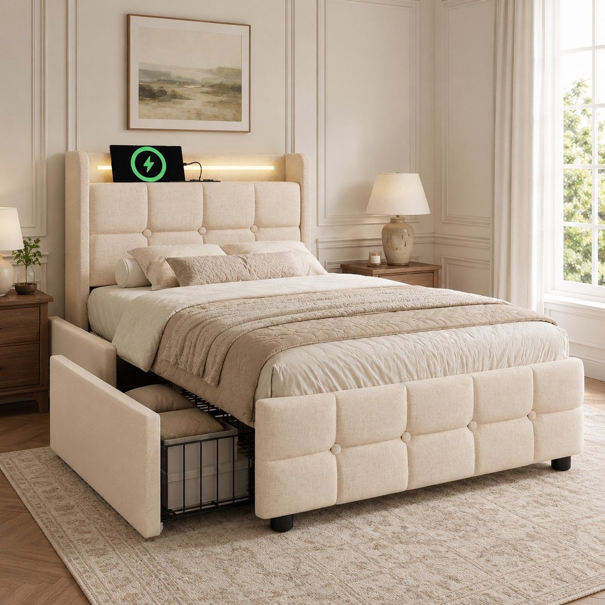 Zubaliya Opbergbed 90x200 met 2 lades en LED - Eenpersoonsbed - Beige - USB oplaadfunctie in hoofdeinde - LED verlichting met afstandsbediening - Inclusief houten lattenbodem