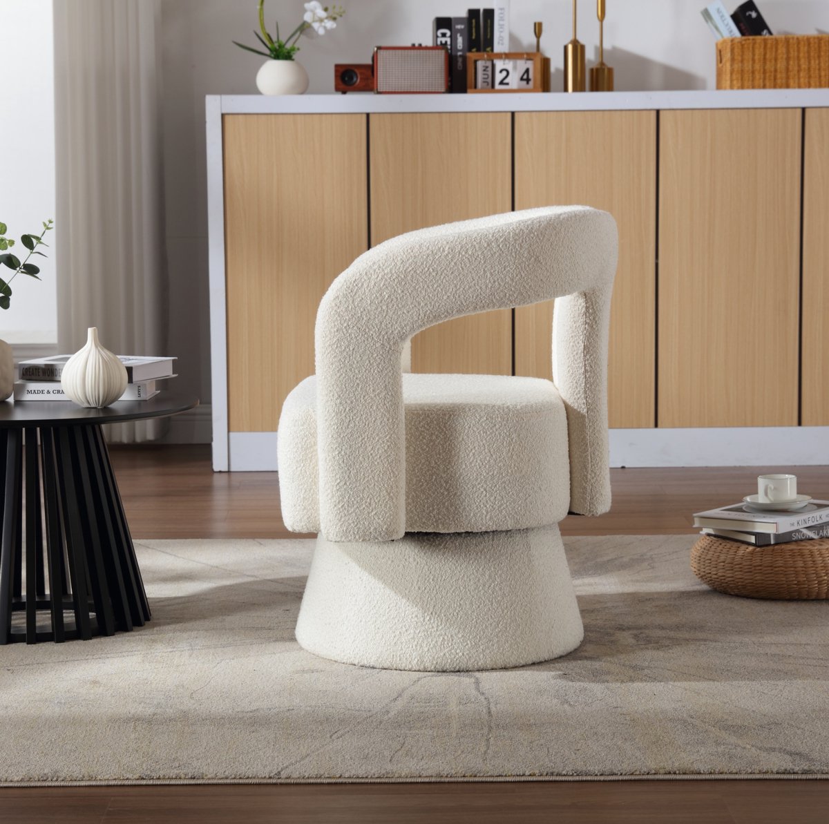 DESMIU Fauteuil 67 X 55 X 74 Cm - 360 Graden Draaibaar Met Gevoerde Zitting En Armleuningen - Voor Woonkamer Slaapkamer En Studie - Boucle Beige