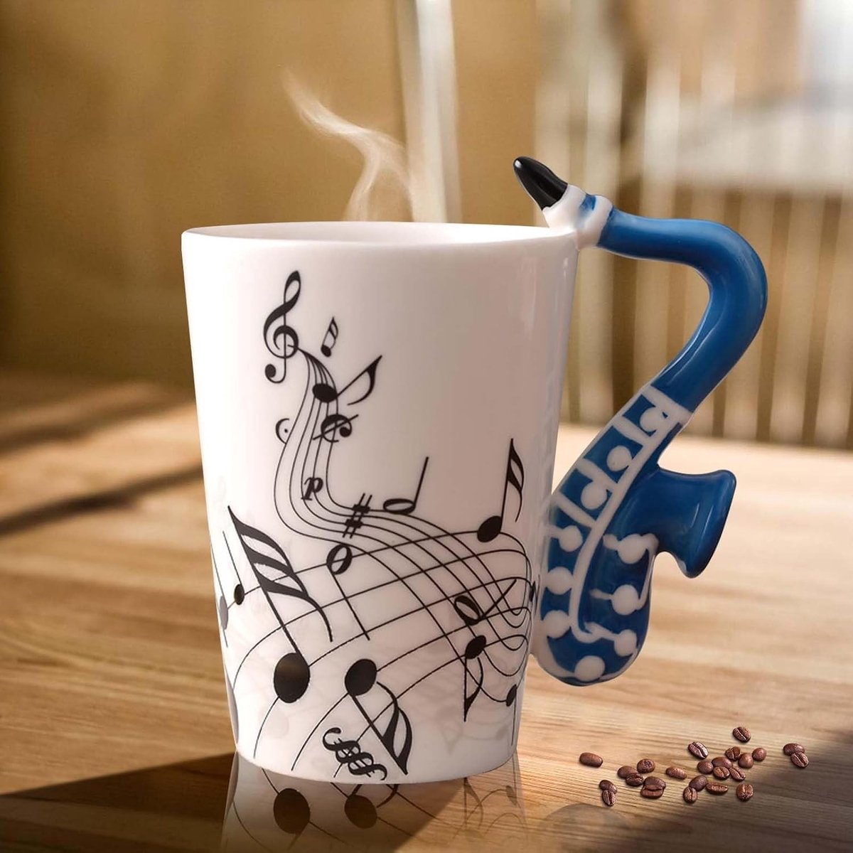 Unieke keramische koffiemok met saxofoonhandvat, perfect cadeau voor muziekliefhebbers, 250ml, blauw, ideaal voor koffie en thee