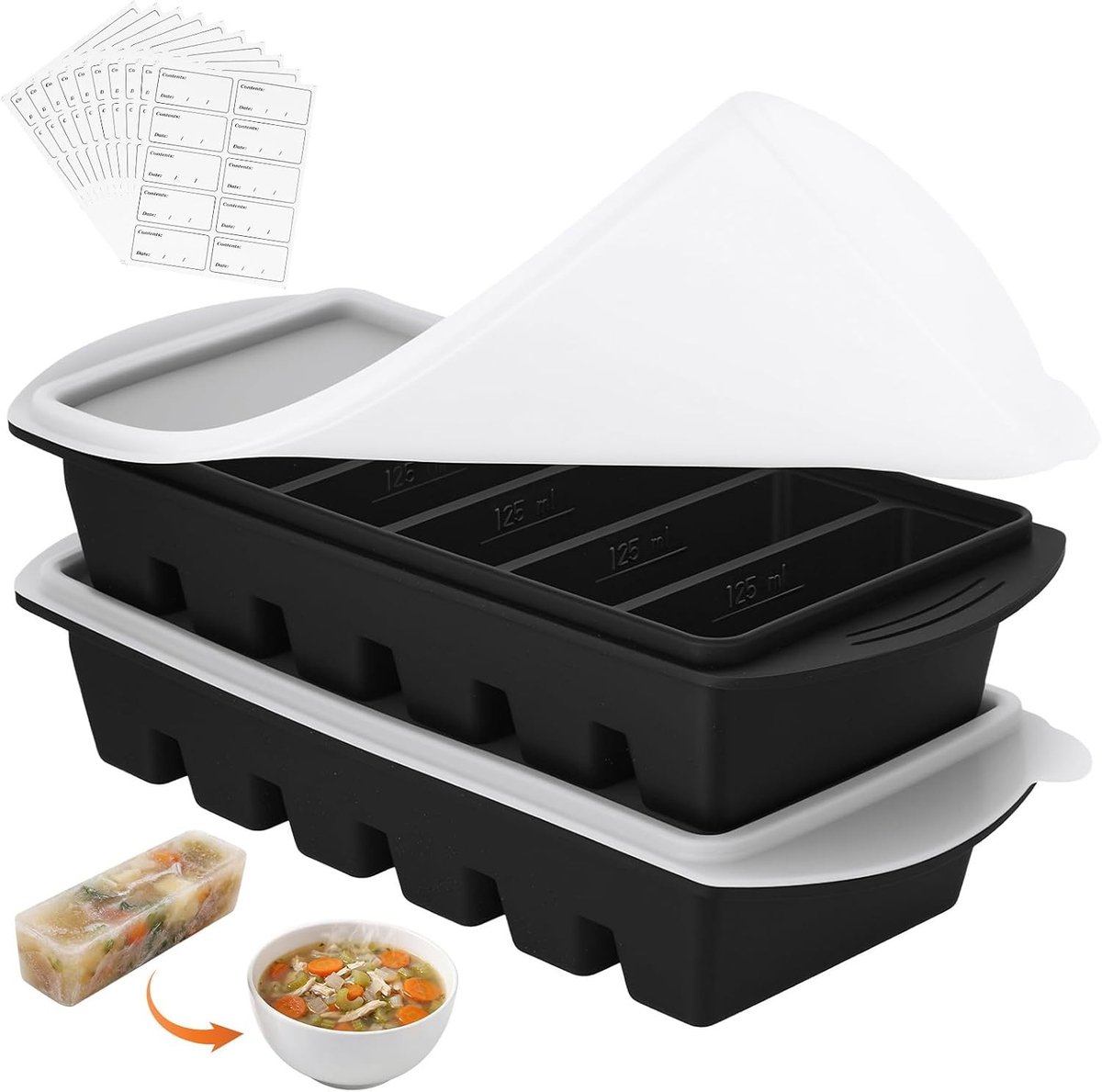 Set van 2 Soepvriescontainers, 6 Compartimenten van 125ml voor Soepblokjes, BPA-vrij en Siliconen met Deksel, Ideaal voor Bouillon, Saus en IJs