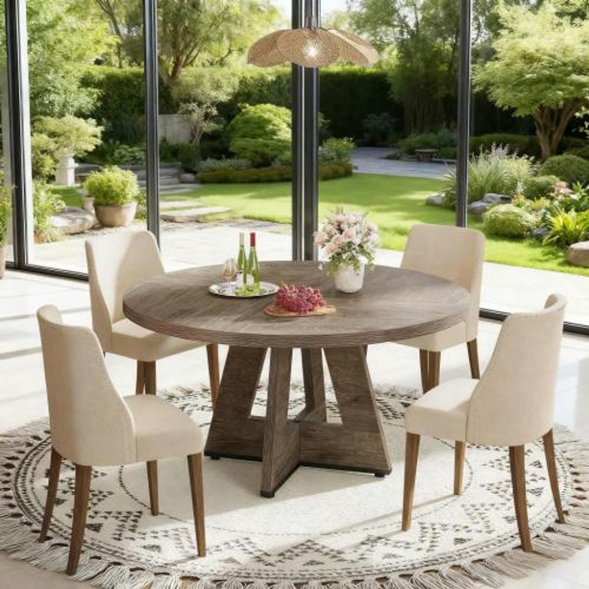 FloraGrace Eettafel - Ronde Eettafel In Landelijke Stijl Voor 4 Personen - Houtlook Grijs - Bewerkt Hout - 120x120x75 Cm