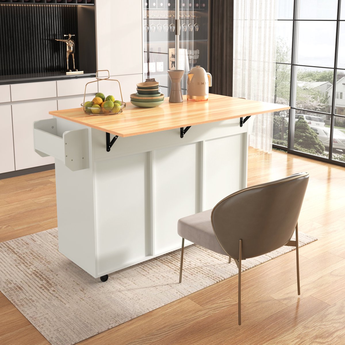 COVREO Keukenwagen 139 x 46(71) x 91,5 cm - klapbaar blad, opbergruimte, wielen, wit