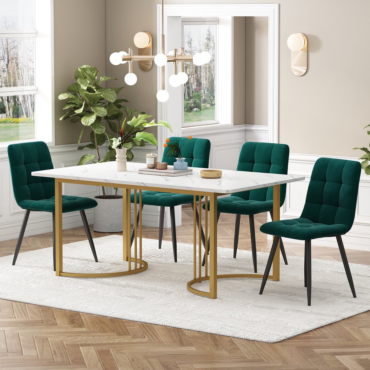 DESMIU Set Tafel En Stoelen 140 x 80 cm - 5-Delige Eettafelset Met 4 Stoelen En Verstelbare Voeten - Voor Eetkamer En Keuken - Hout Metaal Wit