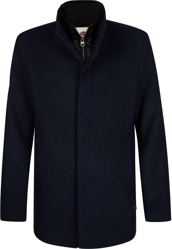 Marineblauwe wollen mantel met binnenzak en rits, volledig zichtbaar.