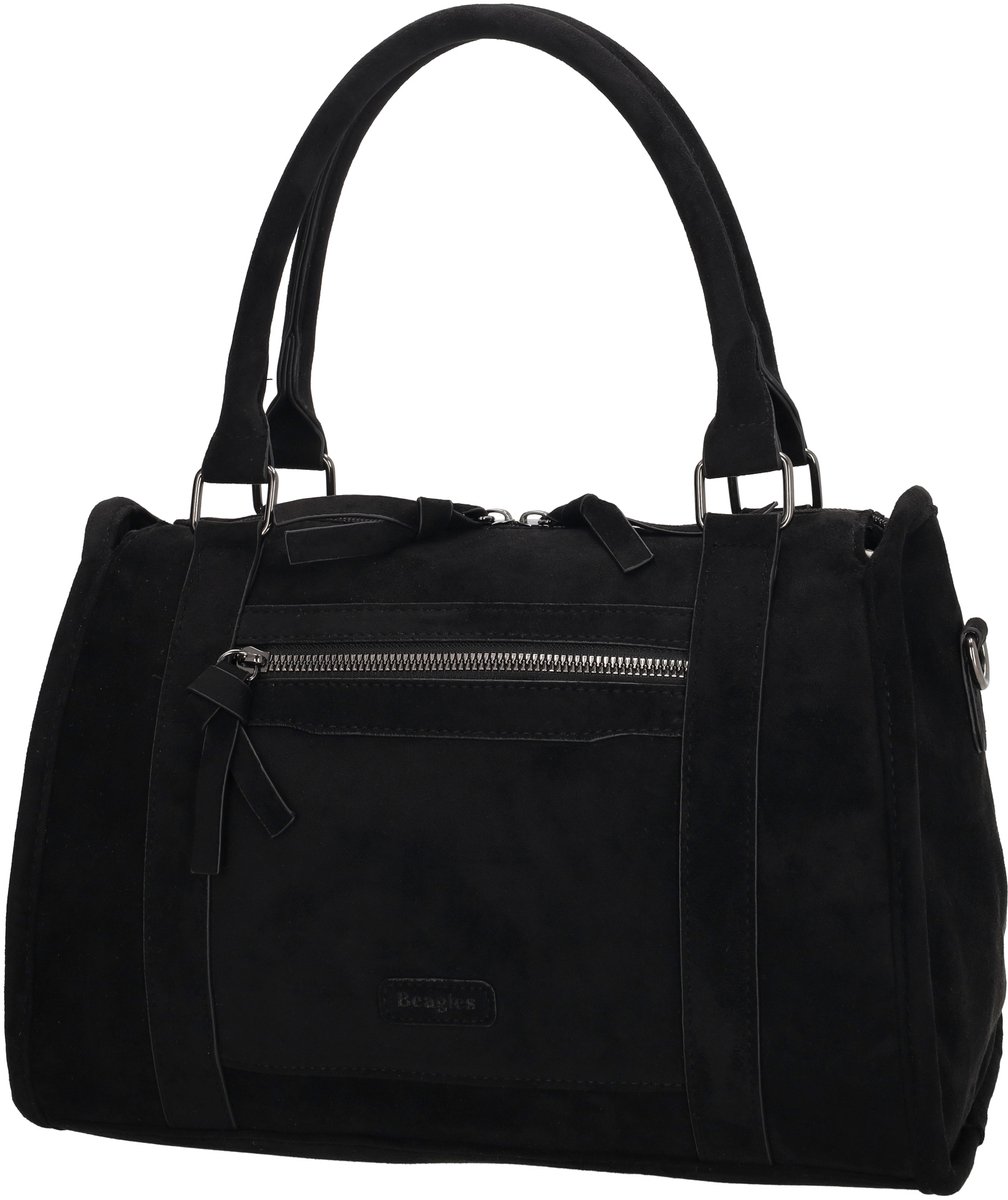 Beagles Ako Handtas - Schoudertas - Faux Suede - Dames Tas - Voor en Achterritsvak - Afneembare Schouderband - Shopper - Zwart
