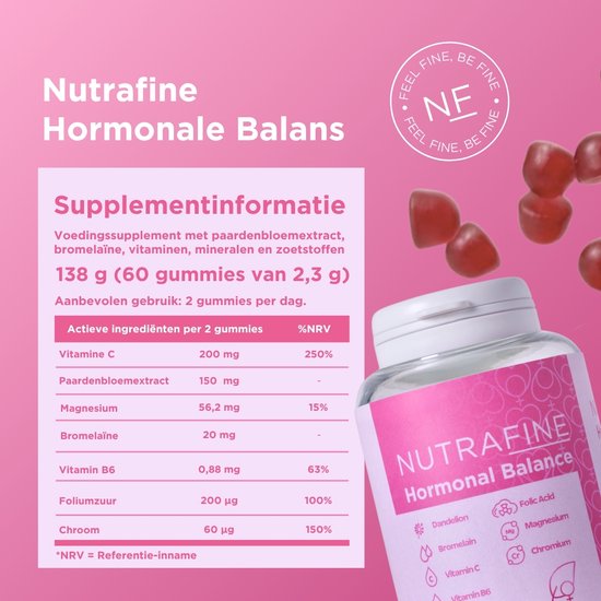 Supplementinformatie voor NUTRAFINE Hormonale Balans gummies, met 138g per fles, 60 gummies, en een tabel met actieve ingrediënten per 2 gummies.