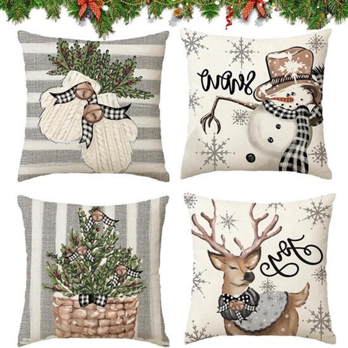 Linnen decoratief kussenhoes voor Kerstmis 50 x 50 cm - rendier kerstmotief - set van 4