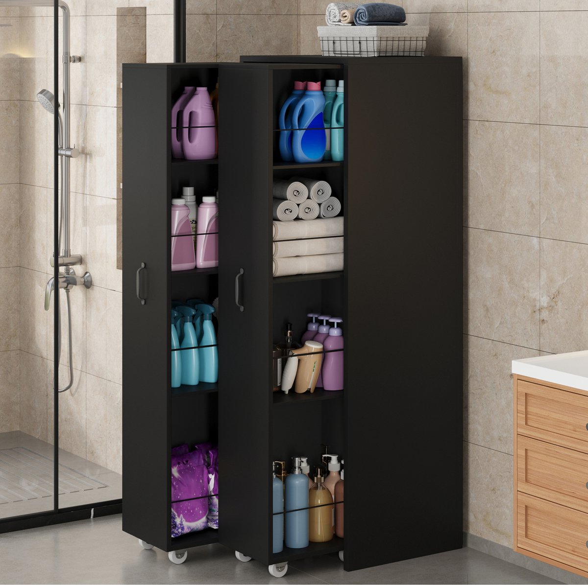 OKWISH Boekenkast - Uitschuifbaar Met Wielen - Links en Rechts Omkeerbaar - Voor Badkamer Keuken of Woonkamer - MDF Zwart - 51,5x41x158 cm