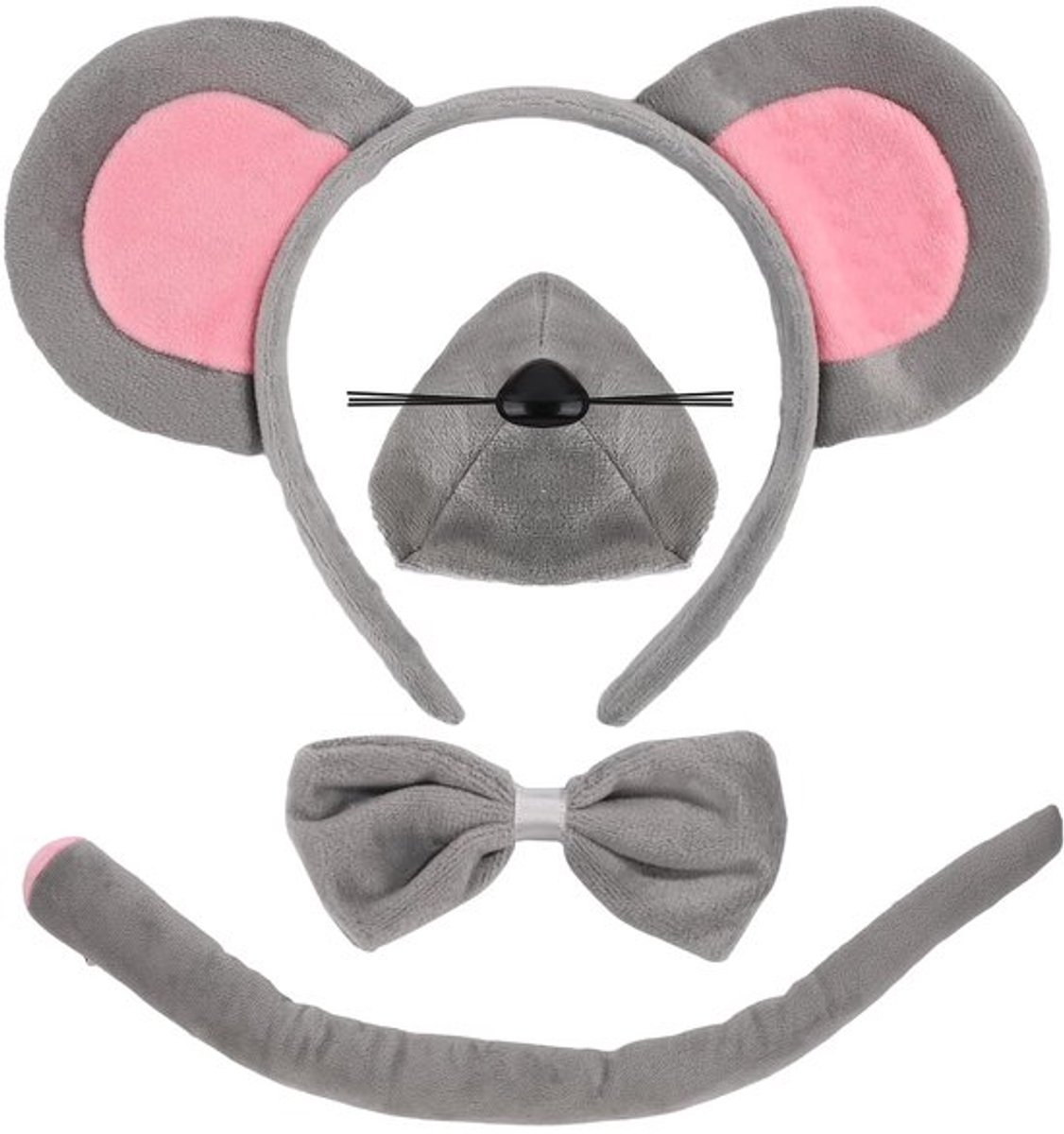 Muizenkostuum Accessoireset, Aankleedmuizenoren, Neusstaart met Strikje, Grijze Muizenkostuumset voor Halloween Kostuum Accessoires