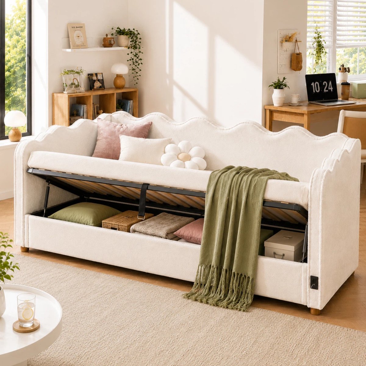 Intebiki slaapbank - slaapstoel - slaapbank 2 persoons - dagbed -eenpersoonsbed 90x200 - met hydraulische opbergruimte - zetelbed - flueel - bedbank met USB-aansluiting en rugleuning - beige