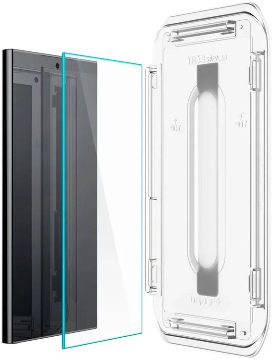 Een telefoon met dunne, zilveren rand, met een transparante screenprotector ernaast, en een doorzichtig montageframe.