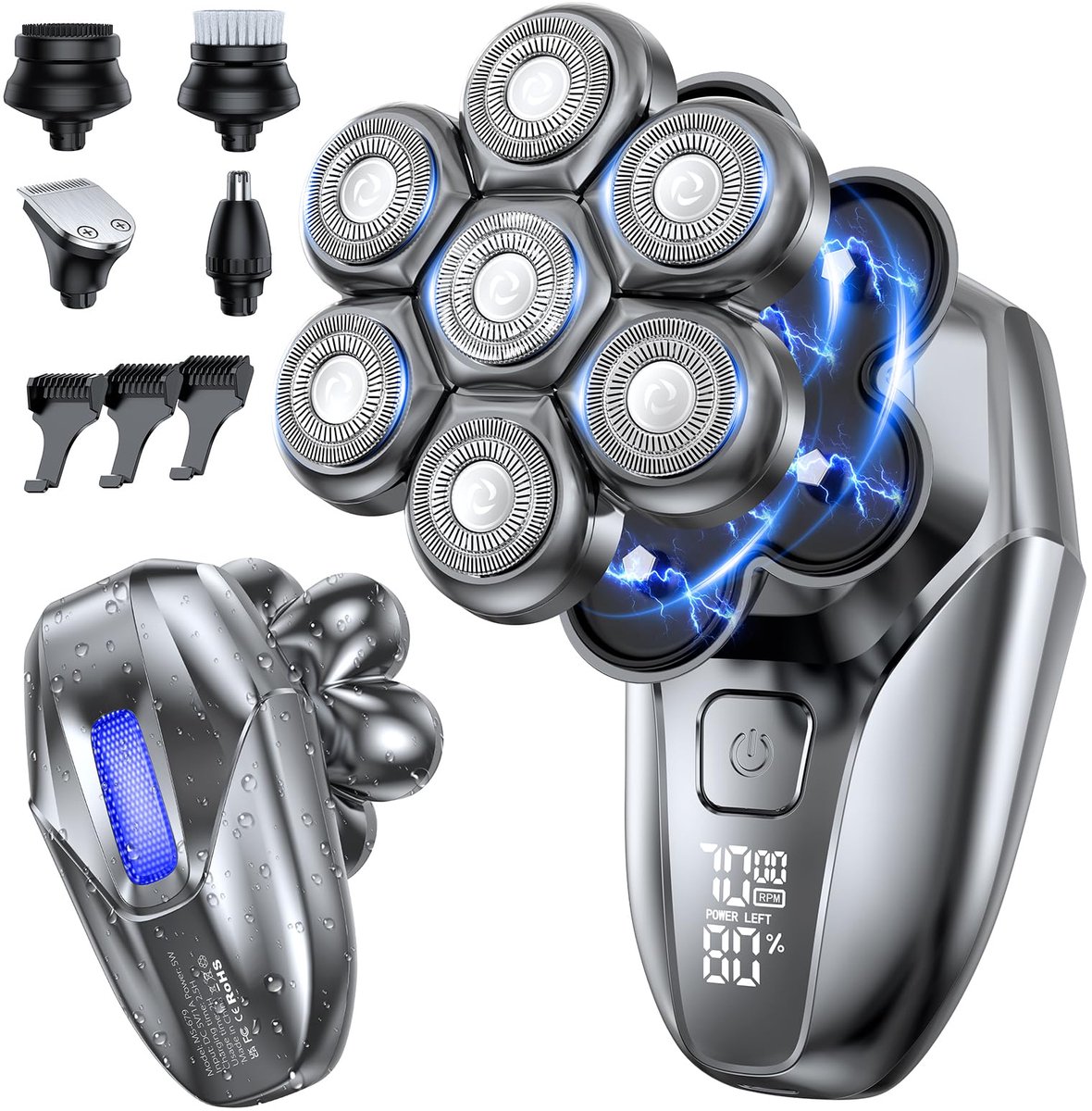 QTTVBTNA -Hoofdscheerapparaat - 5-in-1 Scheerapparaat - Tondeuse - Grijs, 7D zwevende roterende messen, IPX7 waterdicht - Met 5 koppen (scheren, trimmen, neus, massage, reiniging) - Oplaadbaar, ergonomisch - Voor kaal scheren, gezicht en lichaam
