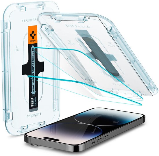 Spigen EZ Fit plaatsingsmal met twee glazen screenprotectors, boven een iPhone 14 Pro.