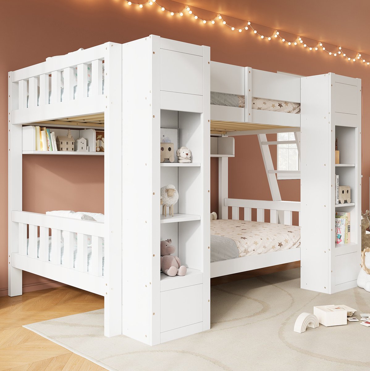 Wishdor Stapelbed 90x200 cm - twee slaapplaatsen - met 2 frontkasten en open vakken - met omranding - voor kinderkamer - wit - hout