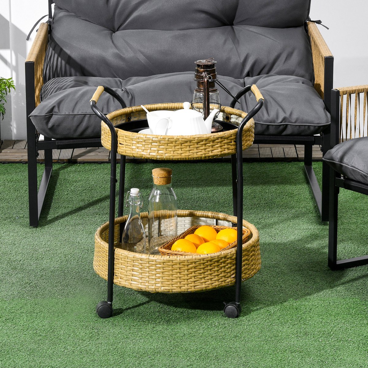 COVREO Servierwagen rond 50 x 66 cm - 2 niveaus, handgrepen, wielen met rem, geel