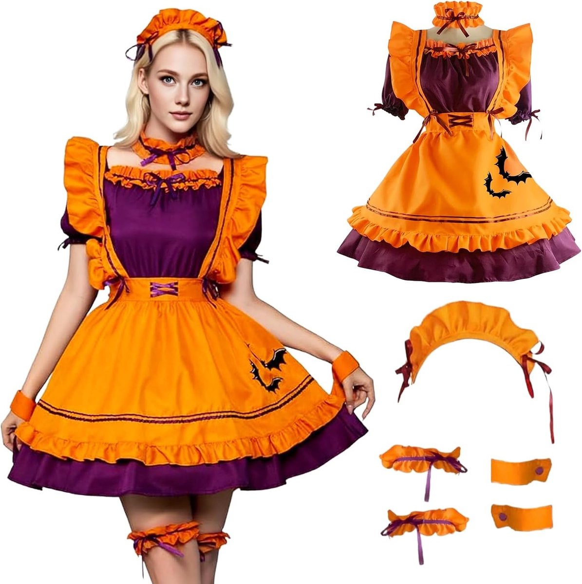 Vibrante Halloween Maid Dress in Oranje en Violet voor Cosplay en Feestjes - Perfect voor Carnaval en Halloween met Hoofdband en Klassieke Stijl