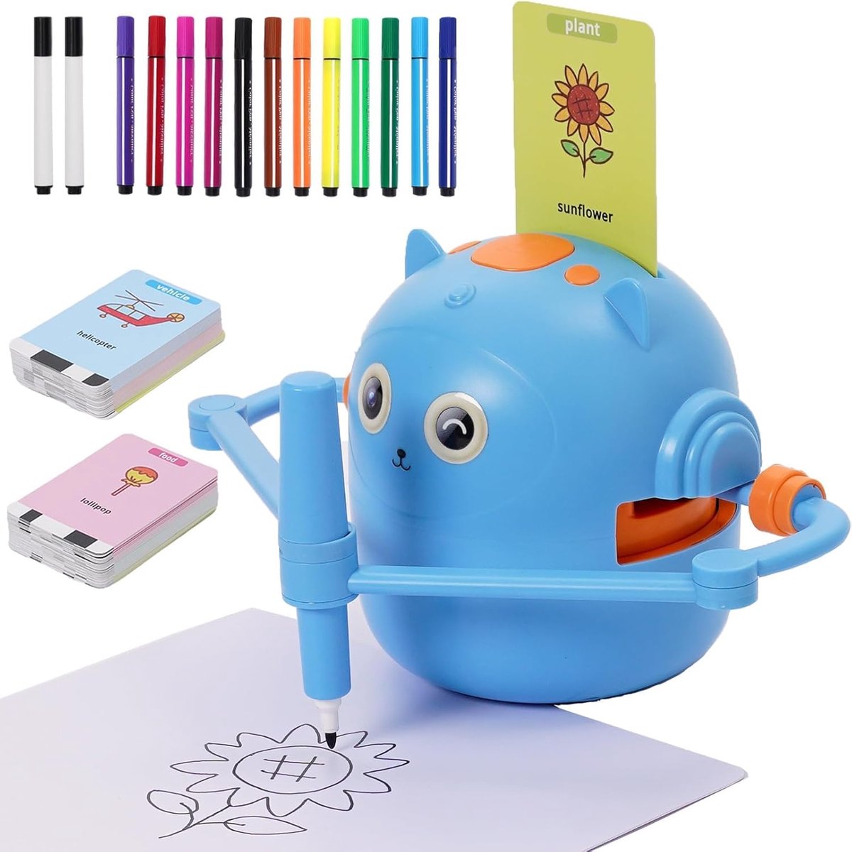 Interactieve educatieve tekenrobot voor kinderen met 14 pennen en 100 kaarten, interactief spraak, helpt kinderen leren tekenen, speelgoedrobot cadeau voor jongens en meisjes van 3 jaar（blauw）