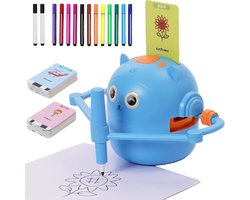Interactieve educatieve tekenrobot voor kinderen met 14 pennen en 100 kaarten, interactief spraak, helpt kinderen leren tekenen, speelgoedrobot cadeau voor jongens en meisjes van 3 jaar（blauw）