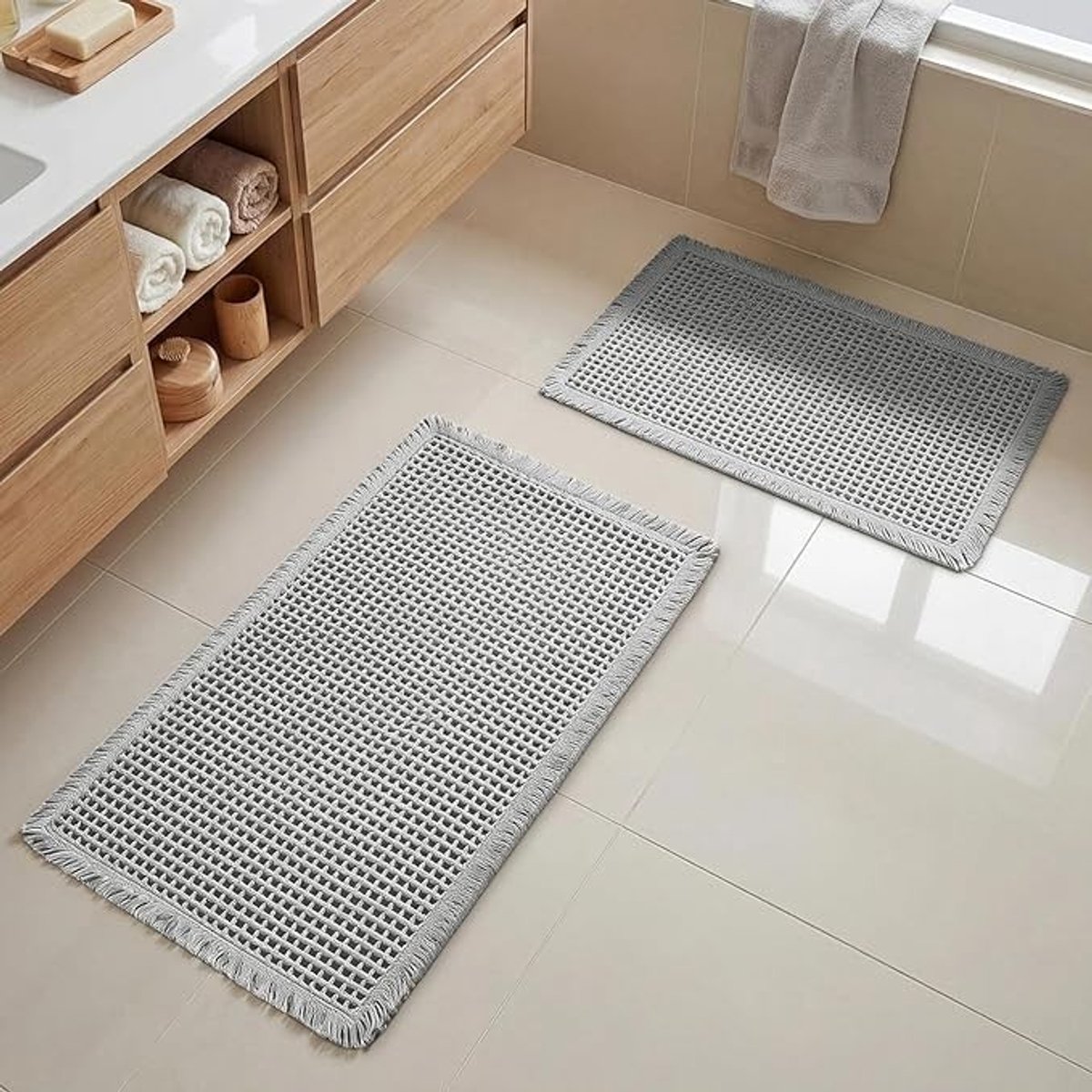 Wasbare antislip badkamermattenset, 2-delig boho-design voor badkamer, woonkamer en keuken, 46 x 77 cm + 43 x 61 cm (lichtgrijs)
