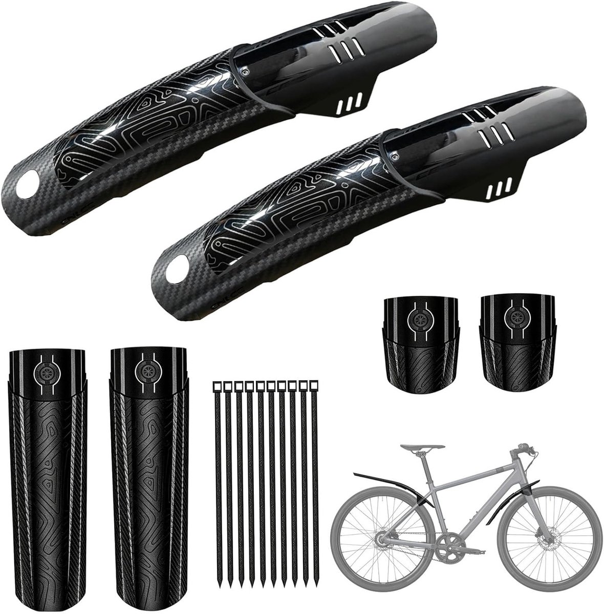 Spatbordset voor mountainbike en gravelbike, boorvrije montage, universele fietsspatborden 24-29 inch, duurzaam en lichtgewicht