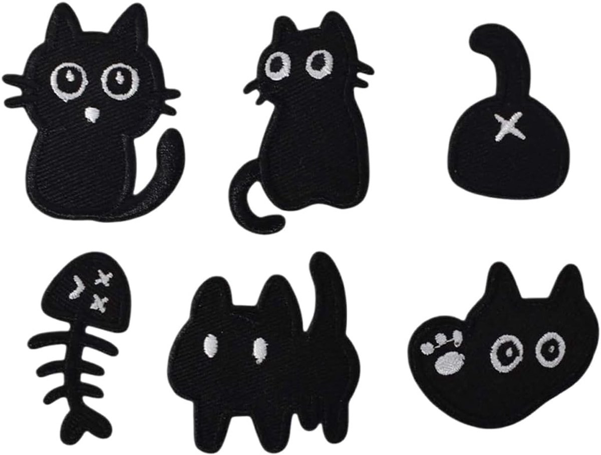 Set van 6 Schattige Zwarte Kat Knijpers, Handige Patches voor Strijken en Naaien, Creatieve Dierlijke Patches voor Kleding en Accessoires
