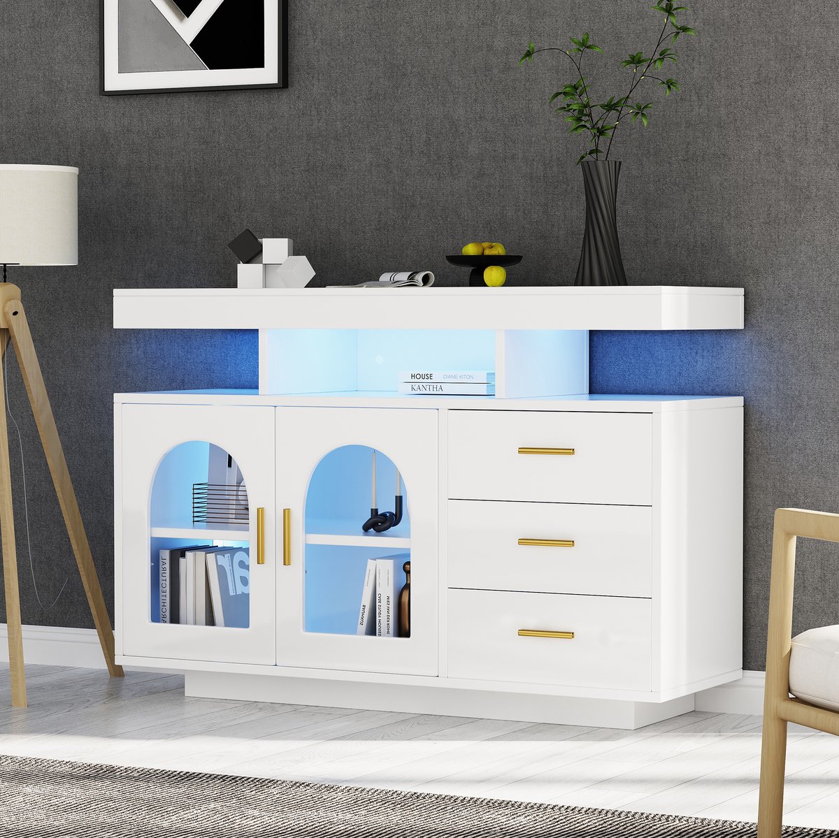 COVREO Dressoir 120 x 40 x 80 cm - 3 lades, 2 deuren, LED-verlichting, hoogglans wit