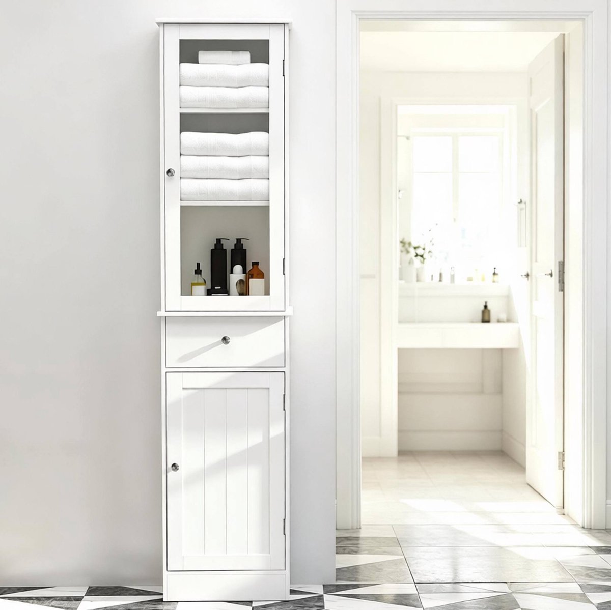 OKWISH Badkamerkast - Hoge Opbergkast Met 1 Lade En Verstelbare Planken - Voor Badkamer - 