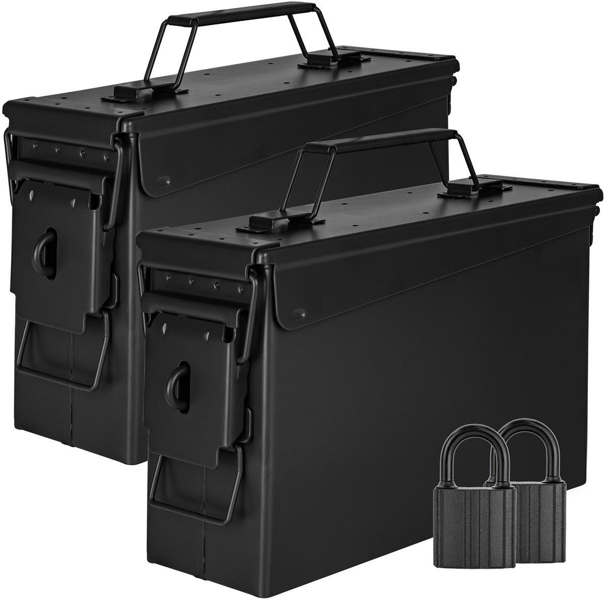 Trucky Set van 2 munitiekisten met slot – Metalen opbergkisten met deksel – 28 x 10 x 18 cm – Legerzwart metaal