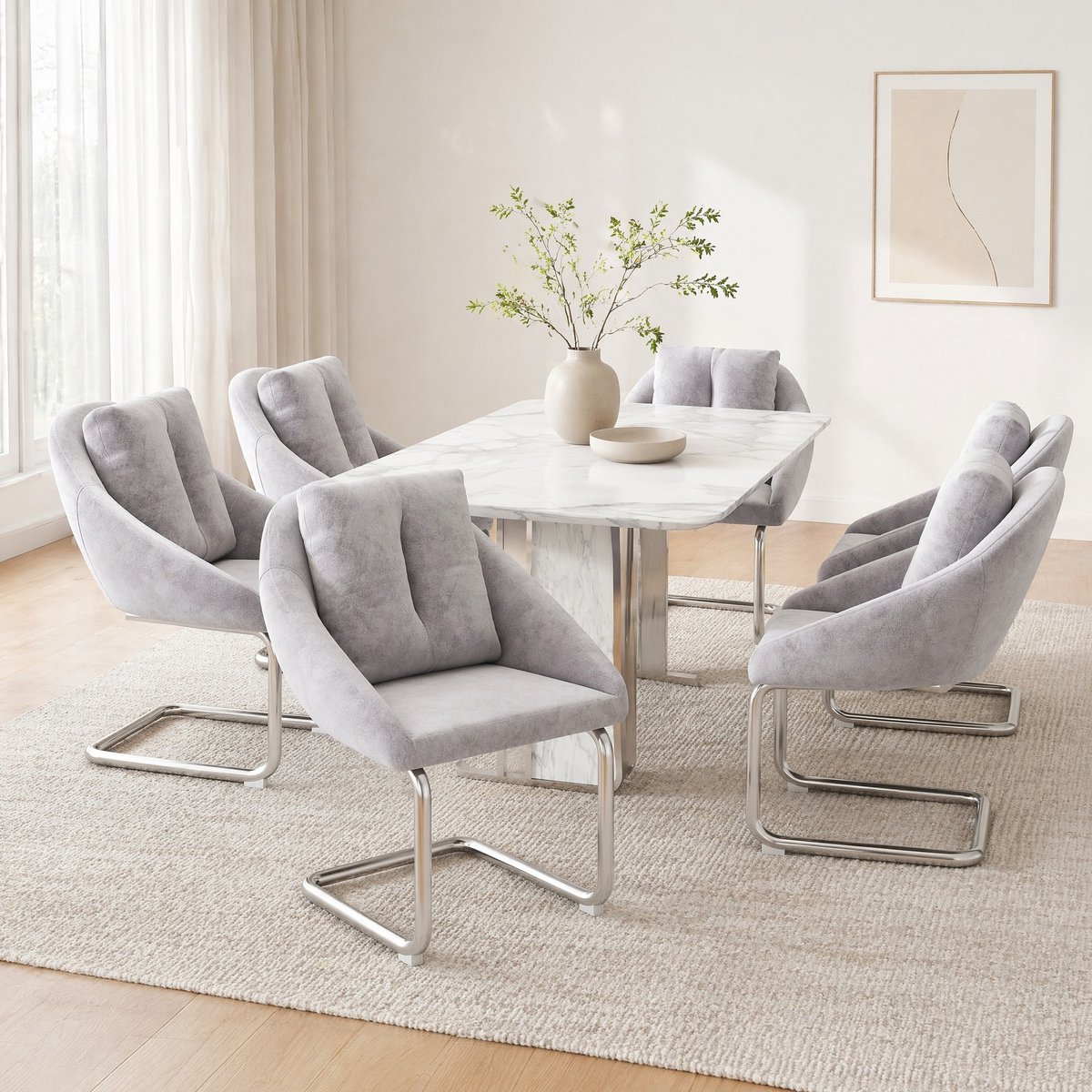 FloraGrace Eetkamerstoel – Ergonomisch Comfort – Set Van 6 – Velvet – Modern – Grijs – Voor Eetkamer, Woonkamer Of Slaapkamer