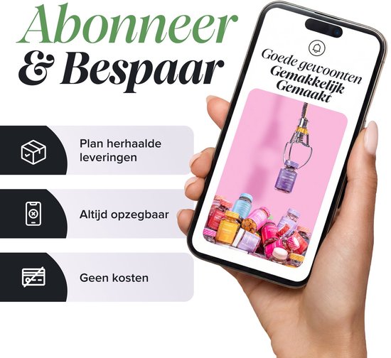 Telefoon met de tekst "Goede gewoonten Gemakkelijk Gemaakt" en een grijphaak met potjes gummies.