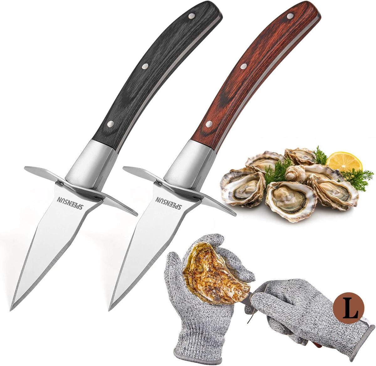 SnelShoppen - Oestermes Set van 2 Stuks met Handschoenen - Premium Oestershucker Messenset met Houten Handvat - Geschikt voor Links- en Rechtshandigen