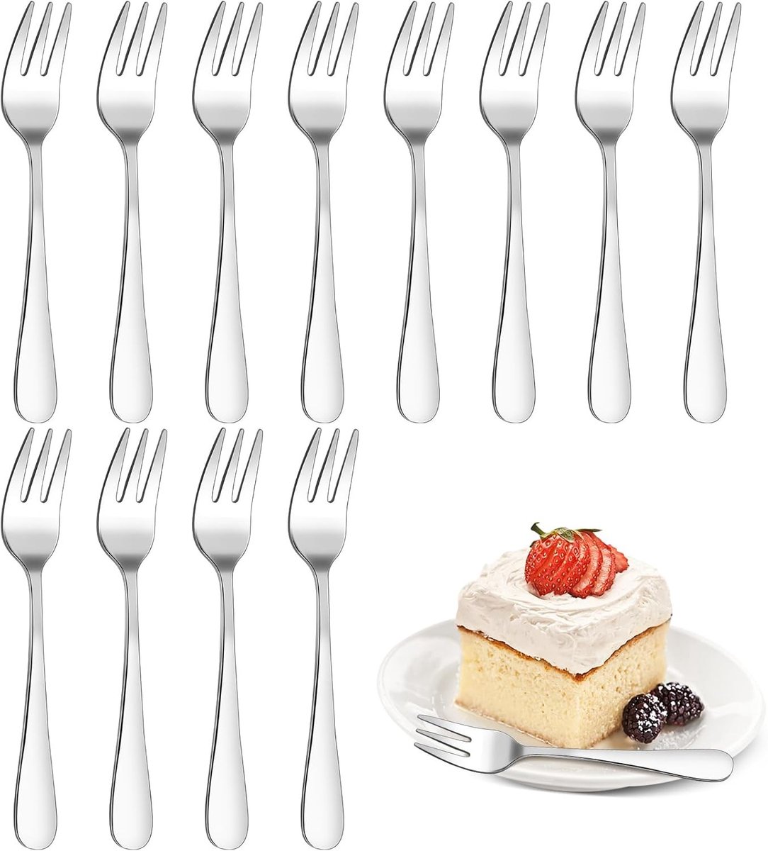 Set van 12 RVS Dessertvorken - Spiegelschoon, Vaatwasserbestendig en Ideaal voor Taarten, Gebak en Desserts
