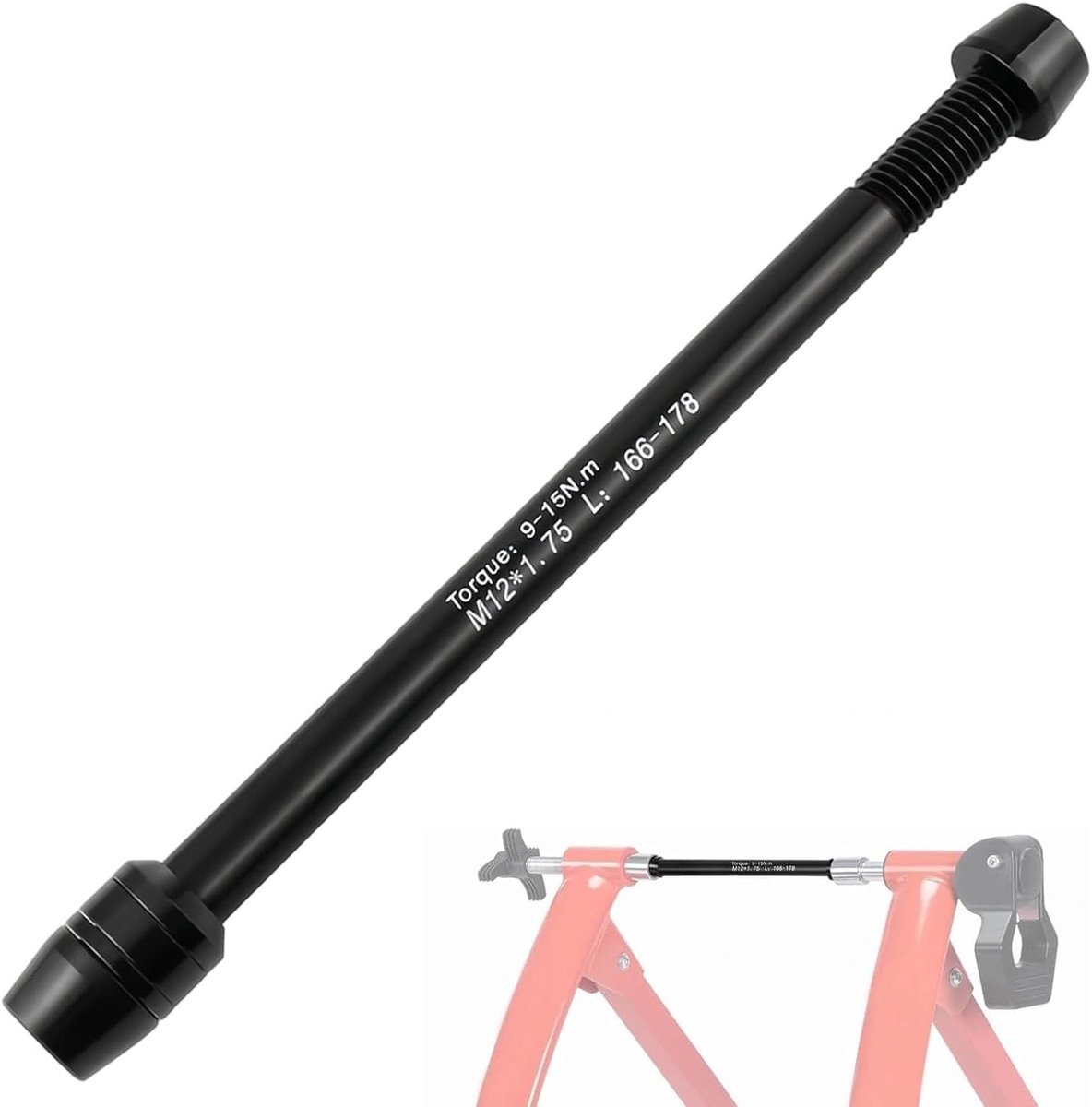 Steekas adapter voor fietstrainer, M12 × 1,75, aluminium, schroefdraadafstand 166-178 mm, geschikt voor diverse fietsen en trainers