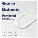 Witte crème met tekst: Glycerine + Niacinamide + Panthenol. Verzacht, hydrateert en herstelt de huidbarrière.