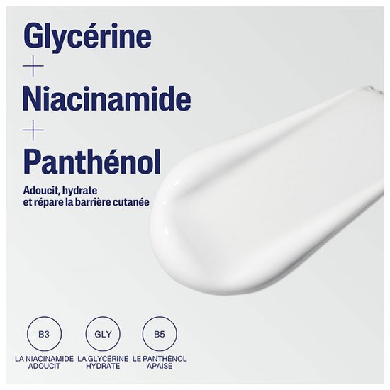 Witte crème met tekst: Glycerine + Niacinamide + Panthenol. Verzacht, hydrateert en herstelt de huidbarrière.
