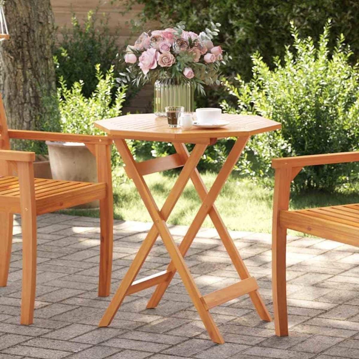 Inklapbare tuintafel - Houten klaptafel - Buiten dineren - Latten-design tafelblad - Ø 70 x 75 cm - Bruin