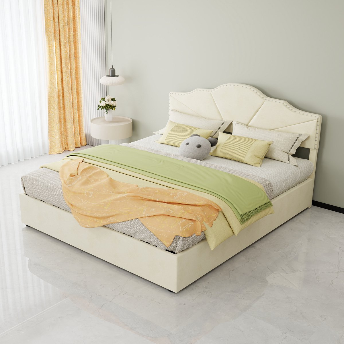 STILVORA Gestoffeerd Bed 160x200 cm – Tweepersoonsbed met Geometrisch Hoofdbord – Hydraulische Opbergruimte – Zonder Matras – Stof – Beige