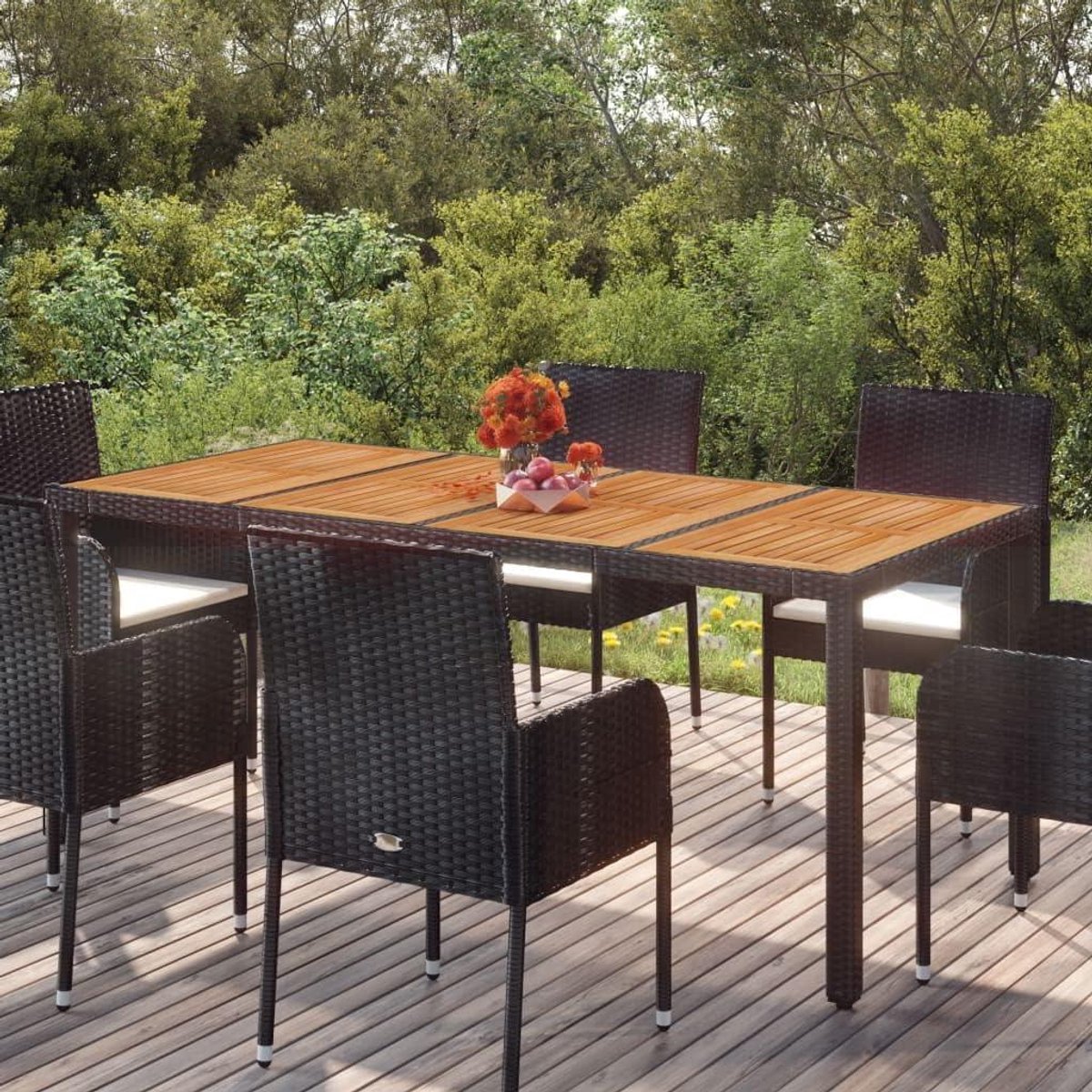 Tuintafel Houten Blad - Buitentafel Polyrotan - Buiten Eten - Waterbestendig Acaciahout - 190 x 90 x 75 cm - Zwart