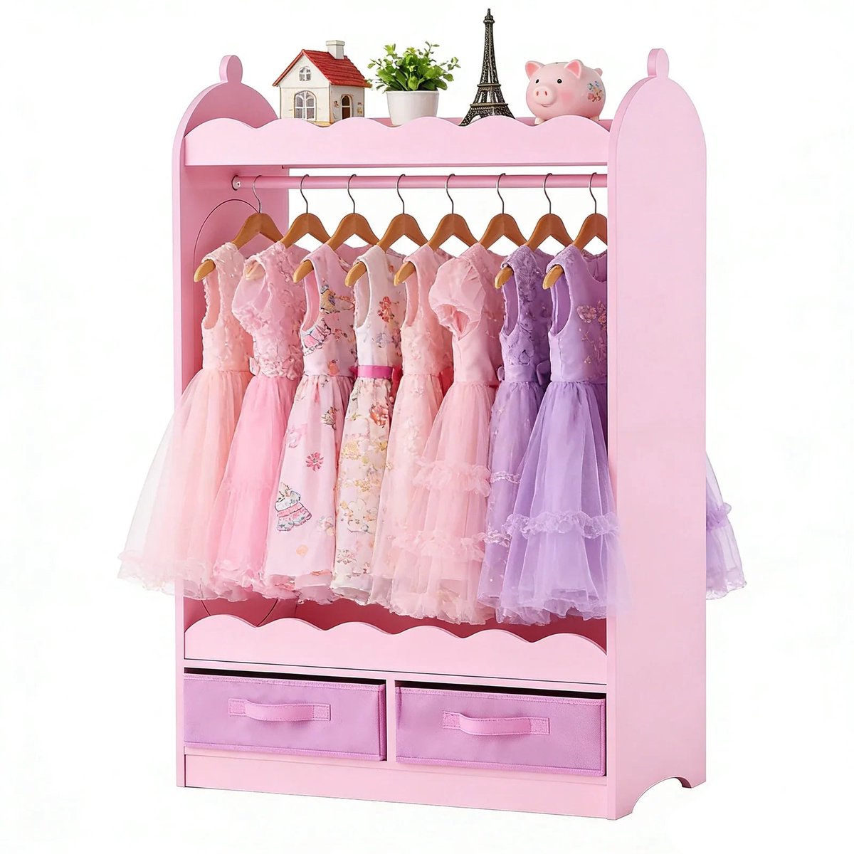 Home & Beyond® Kinderkledingkast met Spiegel en Kledingroede - Verkleedkast met 2 Stoffen Lades - Roze - 60,4 x 33,9 x 108 cm